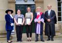 From left to right at York Crown Court: The High Sheriff of North Yorkshire, Dr Ruth Smith;  Court manager Chantal Hooson; jury officer Sanna Jeppsson, The Recorder of York, Judge Sean Morris and Recorder Andrew Dallas