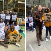 Handout photo issued by Axe Drax of broadcaster Chris Packham and members of the Axe Drax campaign group protesting outside the Drax AGM in the City of London on Thursday