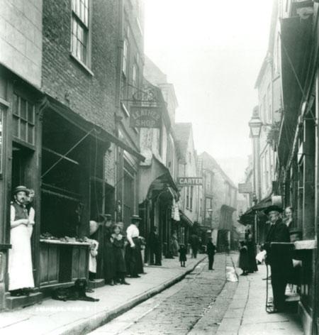 Shambles, York, date unknown but the butchers shop on the left has meat on open display. 