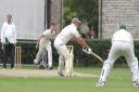 Pickering batsman Colin Frank swipes at a wide ball from Easingwold's Josh Sargent..Picture: Richard Doughty Photography.