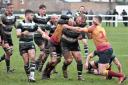 Two Sandal defenders try to stop York number eight Willem Enslin. Picture: Rob Long/York RUFC