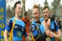York Acorn's Jack Calam, right, scored the try of the game, and is seen celebrating with team-mates Anthony Chilton, left, and Ryan Gallacher. Picture: Nigel Holland
