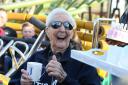 105-year-old Jack Reynolds after riding the Twistersaurus rollercoaster to raise money for the Derbyshire, Leicestershire and Rutland Air Ambulance fund at Flamingo Land in Malton, North Yorkshire. PRESS ASSOCIATION Photo. Picture date: Thursday April 6,