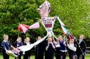 Wigginton Primary School pupils with their sporting giant Jack, aka Ed