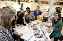 York Mystery Plays’ costume designer Anna Gooch, right,           talks to students about the design brief