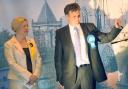 York Outer Conservative candidate Julian Sturdy acknowledges his victory, flanked by Lib Dem opponent Madeleine Kirk