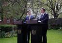 Prime Minister David Cameron and deputy Prime Minister Nick Clegg give their first press conference in the Downing Street garden