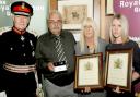 David and Sandra Smith, parents of Trooper Smith, his girlfriend Sarah Helstrip, and the Lord Lieutenant of North Yorkshire, Lord Crathorne, after the presentation of the medal