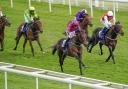 Bedford Flyer ridden by Lewis Edmunds (red/blue) win The Yorkshire Equine Practice Handicap during last year’s Dante Festival at York Racecourse.