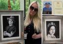 York artist Shany Hagan with the portraits she painted of Queen Elizabeth II and Johnny Depp using tea and wine respectively, plus her letter from the Queen