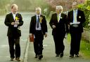 Edward McMillan-Scott MEP, left, joins Lib Dem City of York Council candidates, from left, Richard Brown, Quentin Macdonald and Glen Bradley, on the campaign trail in Poppleton