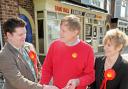 York Central MP Hugh Bayley, centre, with council election candidates Neil Barnes and Fiona Fitzpatrick outside the shops in Tang Hall Lane