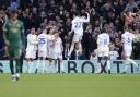 Dan James celebrates after scoring Leeds United's first goal against Plymouth Argyle.