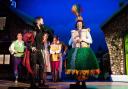 L to R: Matthew Curnier, James Mackenzie, Emily Taylor, Mia Overfield and Dame Robin Simpson (in distinctive Clifford's Tower costume) in Jack and the Beanstalk at York Theatre Royal