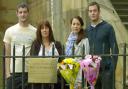 Paul Rogerson’s     mother, Karen, brothers David, left, Daniel and sister Nikita, with a memorial plaque to Paul at King’s Staith