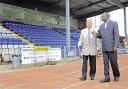 Ian Ashton shows off the facilities at Huntington Stadium to Lawrence Bruce, Gambia’s Olympics chief in 2010