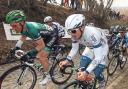 France’s Thomas Voeckler and Germany’s John Degenkolb climb the steepest part of the cobbled Koppenberg hill, during the 97th edition of the UCI World Tour Belgian cycling classic Tour of Flanders, in Belgium, last year