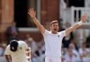 England’s James Anderson celebrates taking the wicket of India’s Stuart Binney during the current second Test at Lord’s