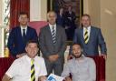 Jonathan Greening, front right with manager Paul Marshall, and back, from left, Tadcaster  directors James Gore, Kent Mayall and Matt Gore