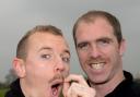 Luke Summerfield, left, has his Movember tash tweaked by team-mate Keith Lowe