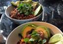 Recipe: Three bean quinoa chilli topped with fresh lime and baked avocado