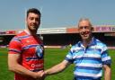 Andy Gomersall, right, in his capacity as Knights Squad Builder Fund chairman, with Ross Divorty, whom the fund had helped to recruit. Picture: Charles Peart