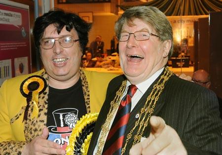 The Lord Mayor of York, Councillor John Galvin sees the funny side with Monster Raving Looney candidate Eddie Vee, at the York count.