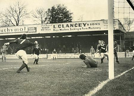 04/11/72: York City 2, Shrewsbury 1 - A cross from City winger Dennis Wann is cut out by Shrewsbury 'keeper Mulhearn as David Pollard rushes in.