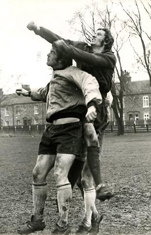 Ron Hillyard, York City's keeper gets in practice in dealing with high crosses.
