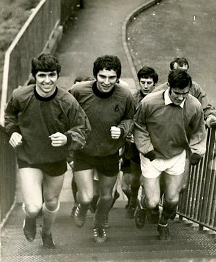 21/01/71: York City players Phil Burrows, Ian Davidson, Chris Topping and John Mackin run up steps of a bridge near the ground as they prepare for a cup tie  with Southampton