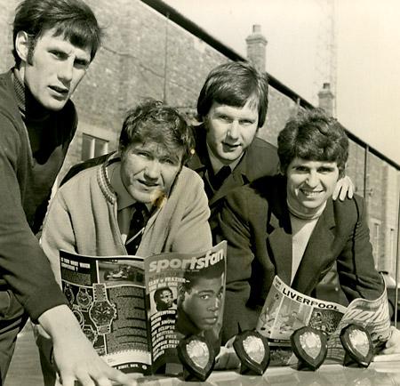 York City's Chris Topping, Archie Taylor, Mick Gadsby and Phil Burrows who beat nine other teams in a sports quiz at Stamford Bridge.