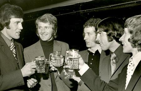 06/03/72: Chris Topping, the York City defender celebrated his 21st birthday with team mates at the Barge Club, Skeldergate. Also pictured: Barry Swallow, Ron Hillyard, Laurie Calloway and Tommy Henderson.