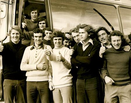 07/12/72 - York City players in confident mood as they prepare to leave the ground en route to Bangor for the FA Cup tie. Barry Swallow, C Topping, P Lally, J Woodward, P Aimson, P Burrows, R Taylor, J Seal, E Rowles, J Stone and B Pollard