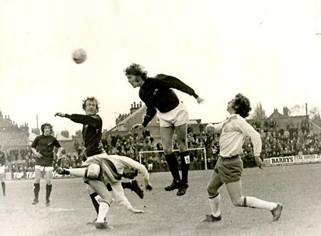 31/03/73: York City 0, Brenford 1 - City's Barry Swallow heads wide from a free kick during the match against Brenford.