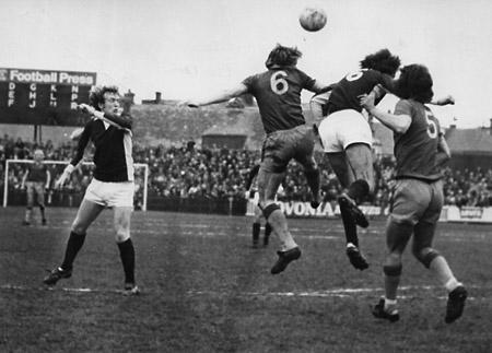 13/04/74: York City 0, Shrewsbury 1 - Chris Topping is beaten in the air by Shrewsbury's Turner
