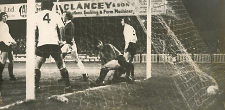 06/03/74 - York City 4, Bournemouth 1: Center forward Jimmy Seal throws up his arms ion delight as Chris Topping, celebrating his 23rd birthday, puts this header into the net. 'Keeper Keiron Baker looks on after the ball has gone through his legs.