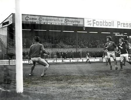 08/12/73 - York City 4, Southport 0: Southport goalkeeper, Taylor, looks over his shoulder as the ball goes into the net for York's first goal. Jimmy Seal hit the shot that put York in the lead.