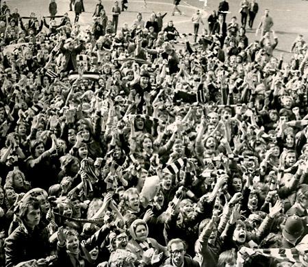 27/04/74 - York City 1, Oldham Athletic 1. "City, City, City roars the crowd in front of the main stand after the last home match of the season.