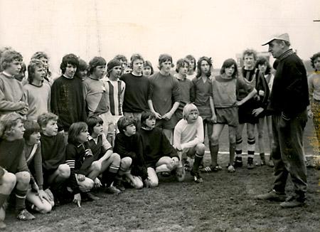 20/04/74: Annual Easter junior trails at York City. 40 youngsters from a wide area came to Bootham Crescent and are shown being given some tips by manager Tom Johnston.