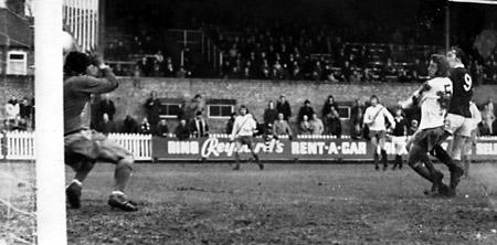 05/01/74: York City 2, Rochdale 1 - Jimmy Seal (9), although closely marked by Rochdale centre half Steve Arnold, sees his shot on the turn flash past 'keeper Mike Poole for City's winning goal.