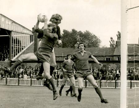 01/09/73: York City 1, Halifax 1 - Smith, the Halifax 'keeper grasps the ball from Swallow.