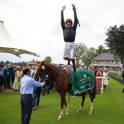 Frankie Dettori celebrates winning the Weatherbys Hamilton Lonsdale Cup Stakes on Stradivarius during Coolmore Nunthorpe day of the Welcome to Yorkshire Ebor Festival 2021 at York Racecourse. Photo taken on Friday August 20, 2021 by Nigel French/PA.