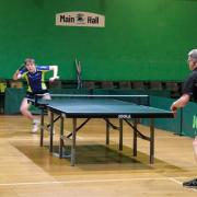 Josh Bramley and eventual victor Martin Lowe battle it out in the 2022 York Closed Table Tennis Championships men's singles final. Picture: Chris Sharples
