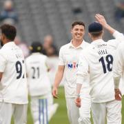 Yorkshire's Matthew Fisher celebrates taking the wicket of Gloucestershire's Miles Hammond with his team mates during day one of the LV= Insurance County Championship division one match at the County Ground, Bristol. Picture: David Davies/PA Wire