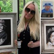 York artist Shany Hagan with the portraits she painted of Queen Elizabeth II and Johnny Depp using tea and wine respectively, plus her letter from the Queen