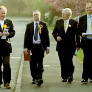 Edward McMillan-Scott MEP, left, joins Lib Dem City of York Council candidates, from left, Richard Brown, Quentin Macdonald and Glen Bradley, on the campaign trail in Poppleton