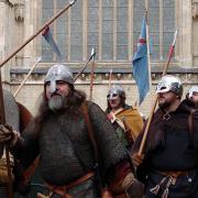 Vikings march through York ahead of a battle tonight. The Viking horde passes the Minster