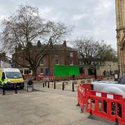 Film crews setting up outside York Minster to film The Crown last year