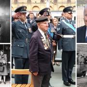 York Normandy veteran Ken Cooke, centre. Left, top to bottom: the York blitz and  a WAAF recruiting office in Blossom Street. Right, top to bottom, Martin Rowley and  a wartime demonstration in York of how to put out an incendiary bomb