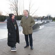 North Yorkshire Council’s executive member for leisure and culture, Cllr Simon Myers, gets some tips from local skater, Shelley Delaney.